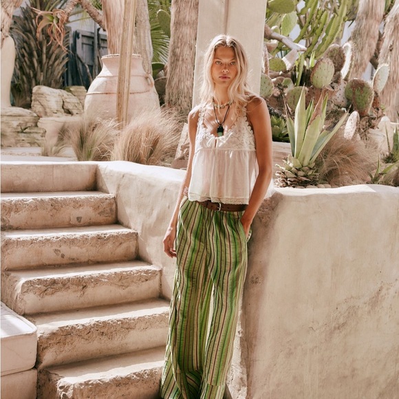 Free People Striped Wide Leg Pants - Green and Yellow - Picture 7 of 11